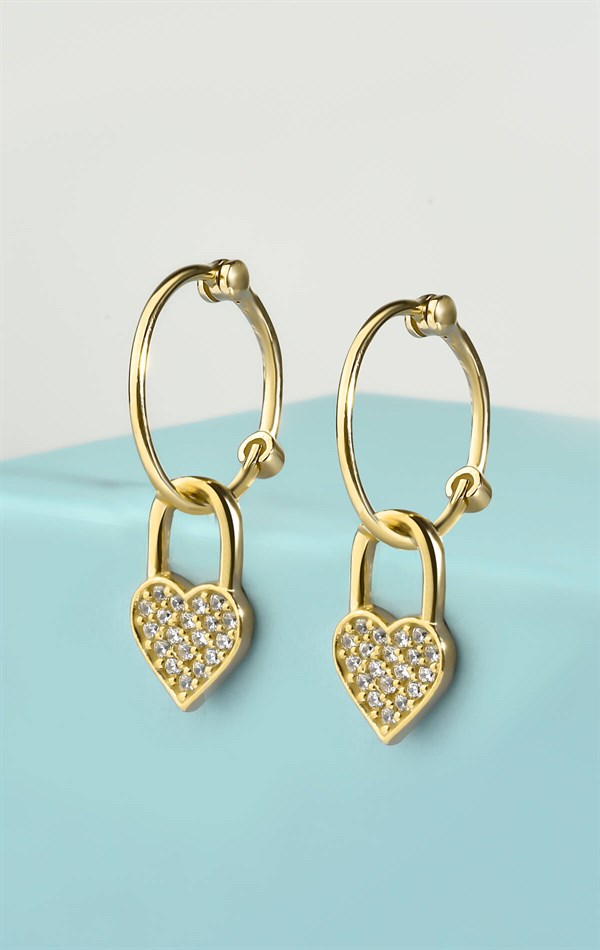 Gümüş Zirkon Taşlı Sallantılı Kalp Model Gold Renkli Zarif Küpe
